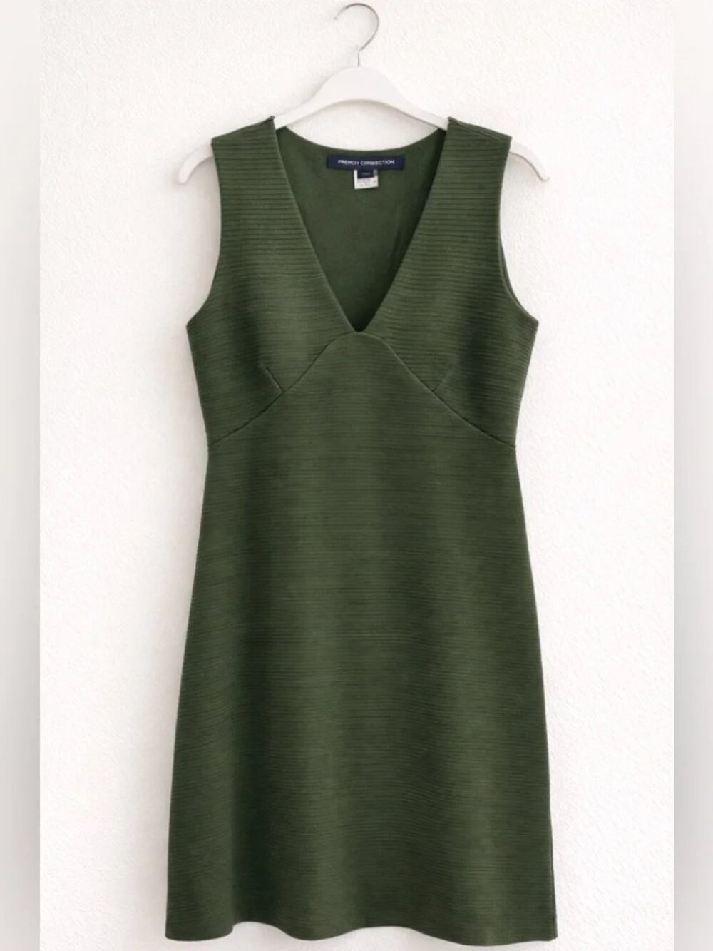French Connection Olive Green Textured V-Neck Ribbed Knit Dress Women's Size 10